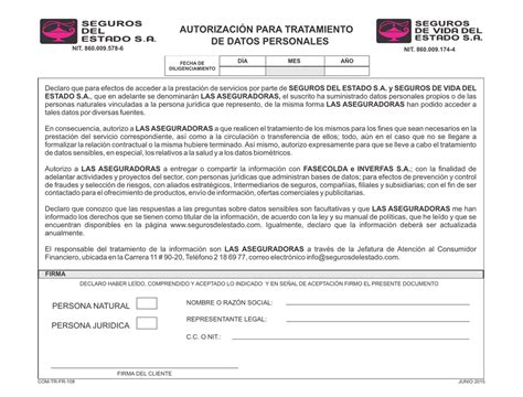 Formulario De Autorización Para Tratamiento De Datos Personales