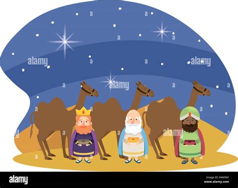 Pesebre Navideño Sabios Con Camellos En La Noche Cartoon Ilustración