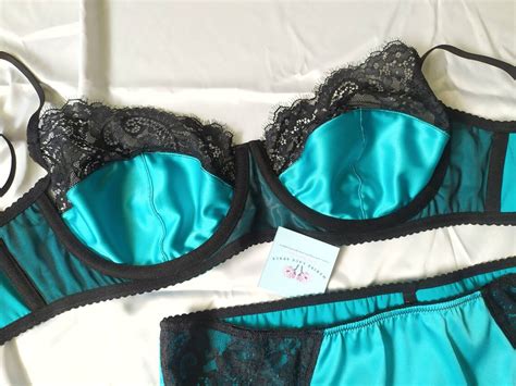 Turquoise Satin Lingerie Set Sexy Lace Bra Erotic Silky Etsy