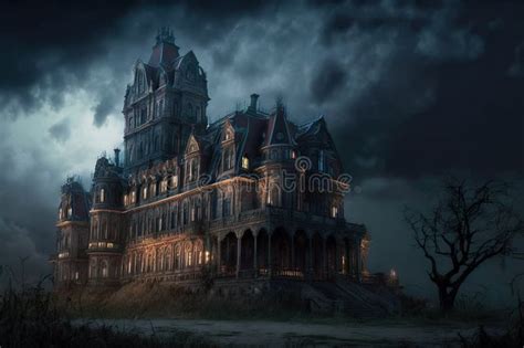 Haunted Gothic Castle At Night Old Spooky Mansion On Halloween