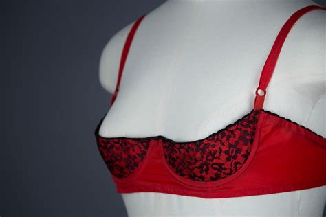 red nylon and lace padded quarter cup bra by la parisienne the underpinnings museum shot by tigz