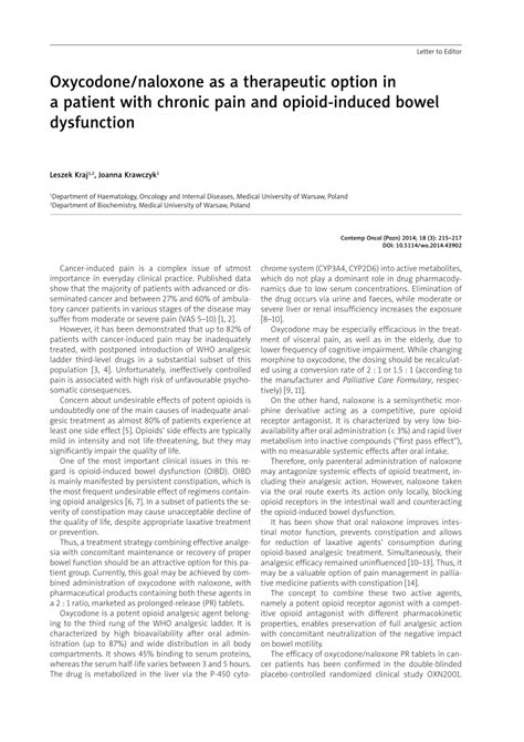 Pdf Letter To Editor Oxycodonenaloxone As A Therapeutic Option In A