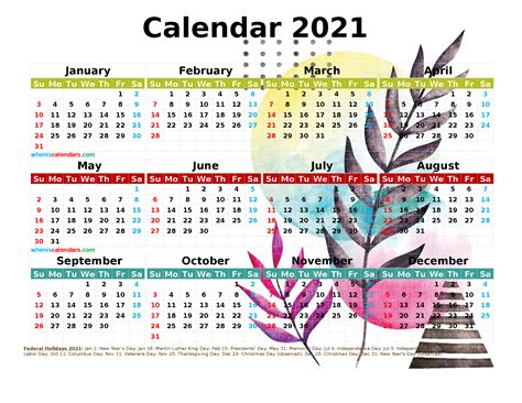 Printable Yearly 2021 Calendar With Holidays Premium Template 27482