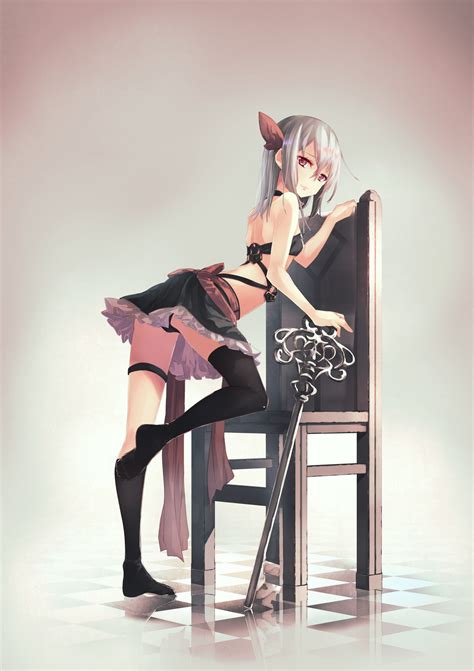 Wallpaper Illustration Model Long Hair Anime Girls Stockings Skirt Red Eyes Gray Hair