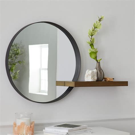 Modrn Naturals Metal Framed Round Decorative Wall Mirror With Wood Shelf Mirror