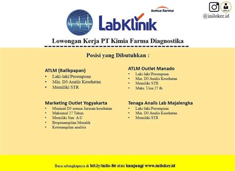 Menurut informasi yang kami lansir dari halaman sosial media instagram.com/rekrutmenkf, disebutkan mengenai lowongan kerja untuk 5 posisi. Lowongan Kerja Kimia Farma Madiun / Asisten Apoteker Apotek Kimia Farma Akademi Farmasi ...