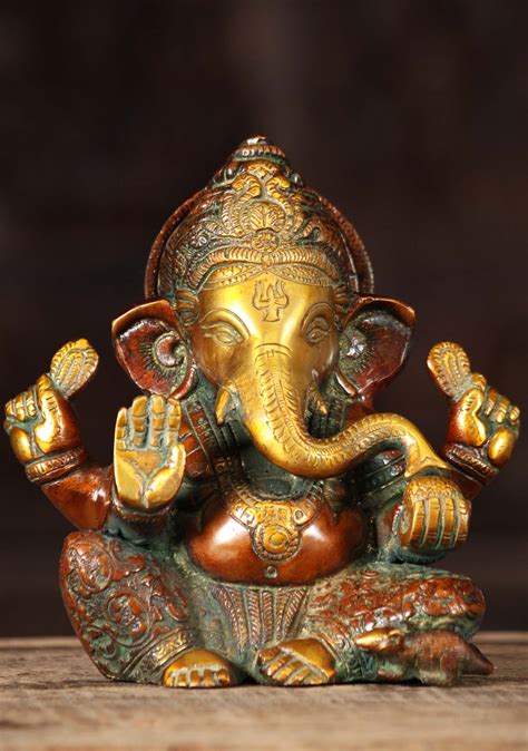 Small Brass Ganesh Statue With Right Hand Raised In Abhaya Mudra With