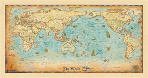Political World Wall Map With Antique Oceans Big World Map Framed