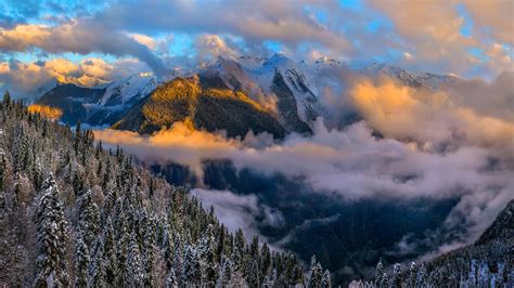 Beautiful Clouds Under Dark Forest With Snow Covered Mountains Hd