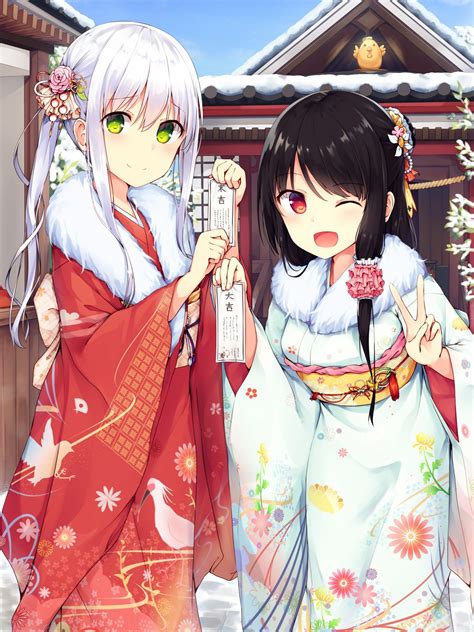 Download 1536x2048 Anime Girls Shrine Kimono White Hair