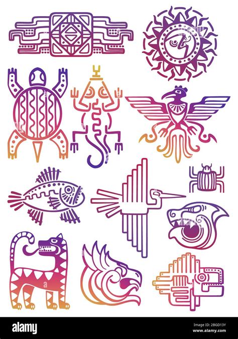 Colorful American Aztec Mayan Culture Symbols Isolated On White
