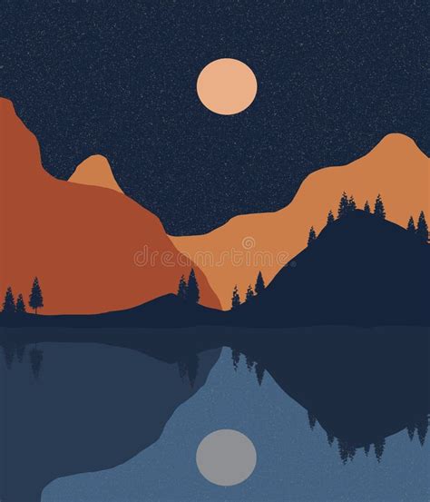 A Mountain Lake Is Seen In Moonlight With Star Stock Illustration