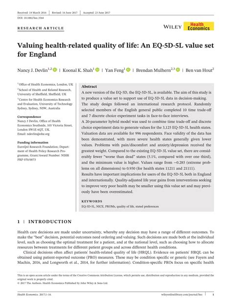 Pdf Valuing Health Related Quality Of Life An Eq 5d 5l Value Set For