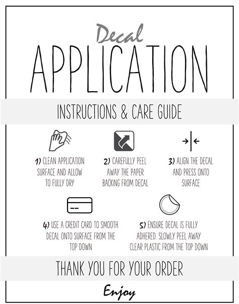 Decal Application Instructions Printable Vinyl Care Card Etsy Canada