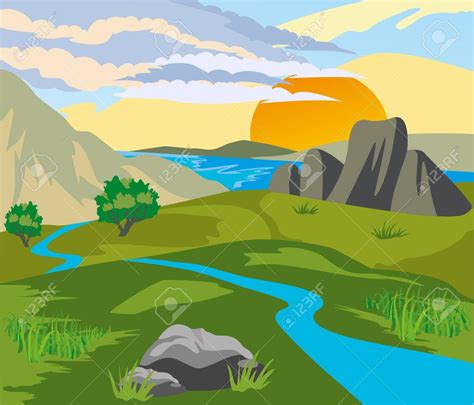 River Valley Surrounded By Mountains At Sunset Illustration Ad
