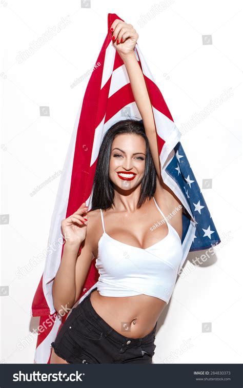 Sexy Brunette Woman With Usa Flag Star Spangled Banner Independence