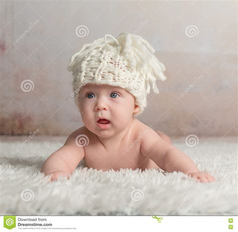 Funny Little Baby Crawling On Woolen Blanket Stock Photo Image Of