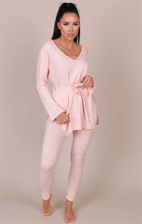 Pink Ribbed Belted Loungewear Set Loungewear Femme Luxe Uk