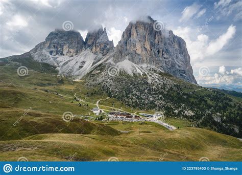 Aerial View Of Passo Sella Sellajoch And Mountain Sassolungo