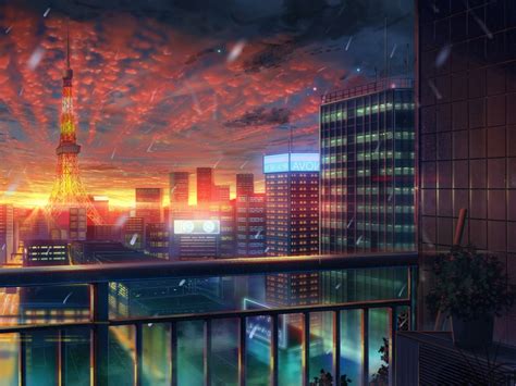 Wallpaper Buildings Anime City Sunset Tokyo Tower Clouds