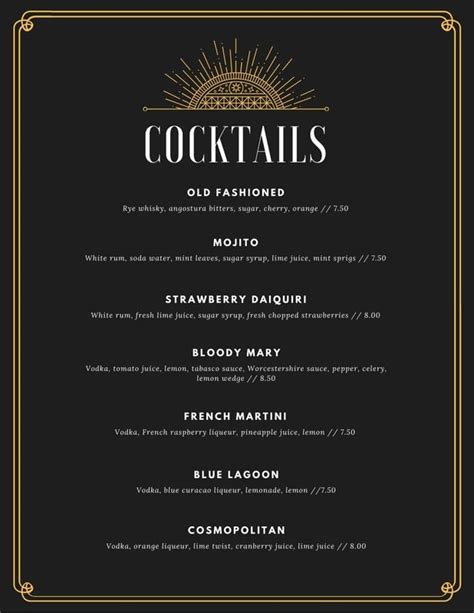Free Printable And Customizable Cocktail Menu Templates Canva