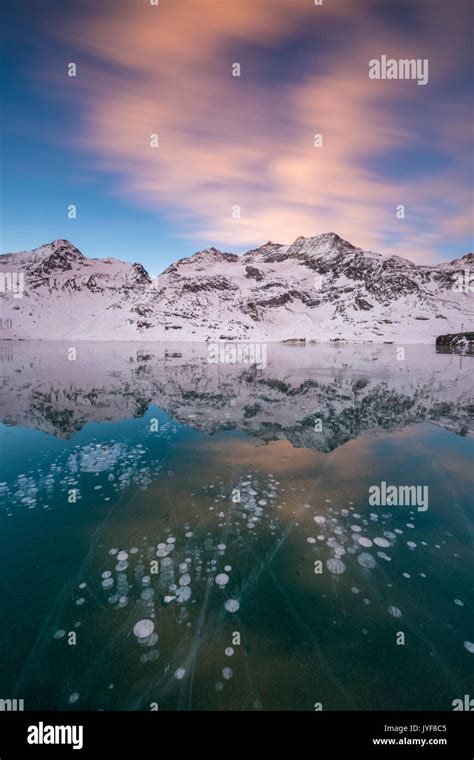 Ice Bubbles And Pink Clouds Frame The Frozen Lago Bianco At Dawn