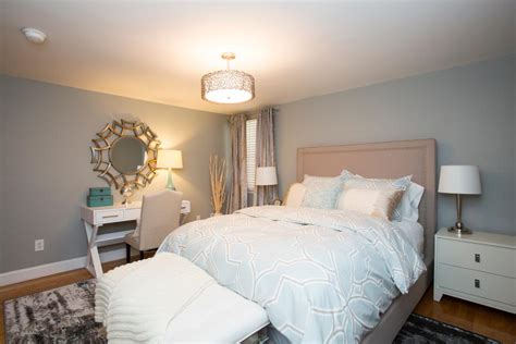 Spa Colored Master Bedroom With Upholstered Headboard Pastel Bed