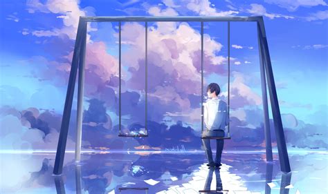 Wallpaper Back View Anime Boy Reflection Swing Clouds Scenic