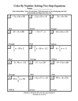 Color By Number Solving Two Step Equations Fill And Sign Printable