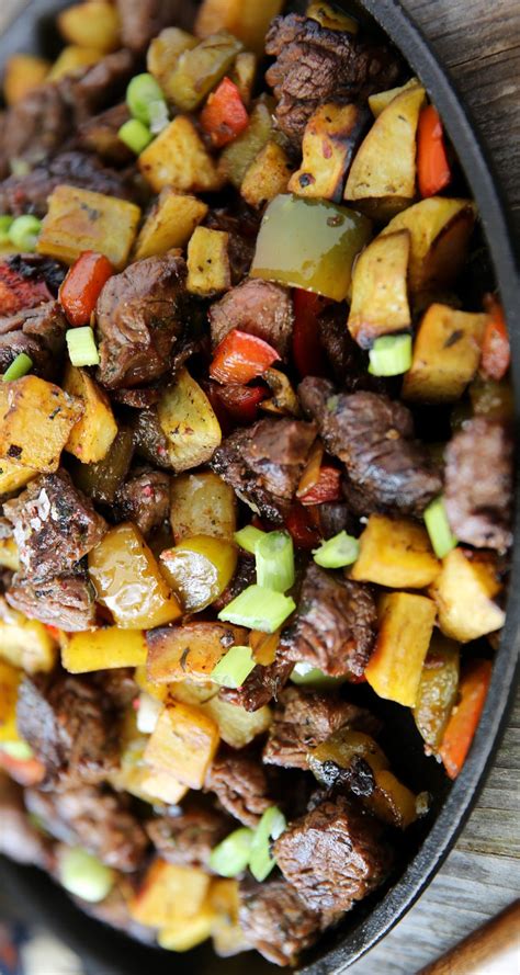 Can you think of a more delicious skillet dinner? Whole30 Steak Bites with Sweet Potatoes and Peppers ...