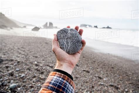 Cropped Hand Of Man Holding Stone At Beach Against Sky Stock Photo