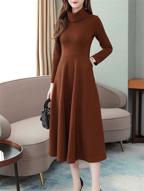 Women S Aline Dress Turtleneck Solid Color Slim Long Sleeve Dress In