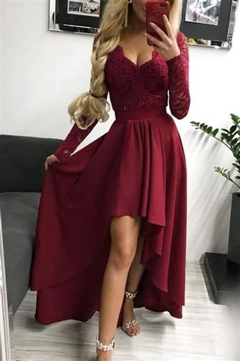 Burgundy Long Sleeves V Neck High Low Lace Evening Prom Dress Lizpro Long Sleeve Bridesmaid