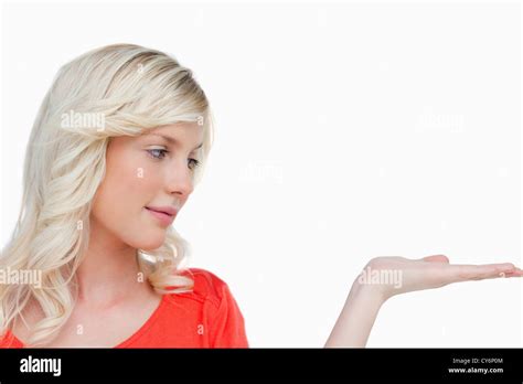 Beautiful Woman Placing Her Hand Palm Up Stock Photo Alamy
