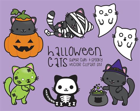 Premium Vector Clipart Kawaii Halloween Cats Cute Etsy
