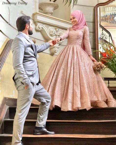 Sparkling Sequins Muslim Pink Wedding Dresses With Hijab Arabian Dubai Long Sleeve High Neck