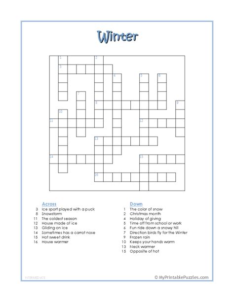 Winter Crossword Puzzle Intermediate My Printable Puzzles