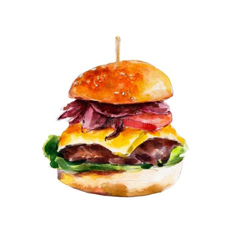 Hamburger With Bacon And Fresh Vegetables Watercolor Illustration
