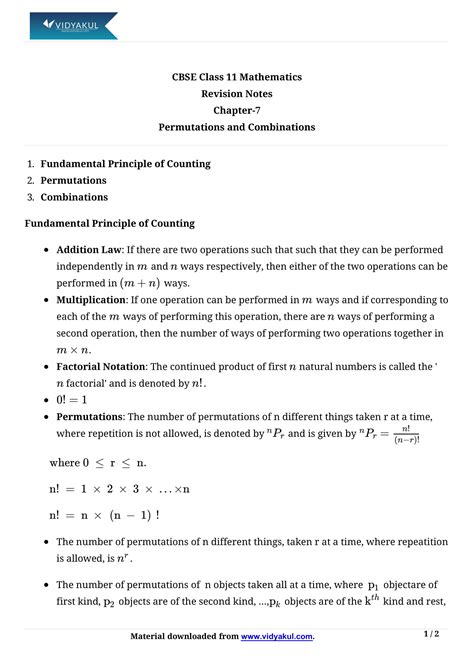 Class 11th Math Permutations And Combinations Formulas Cbse 2023