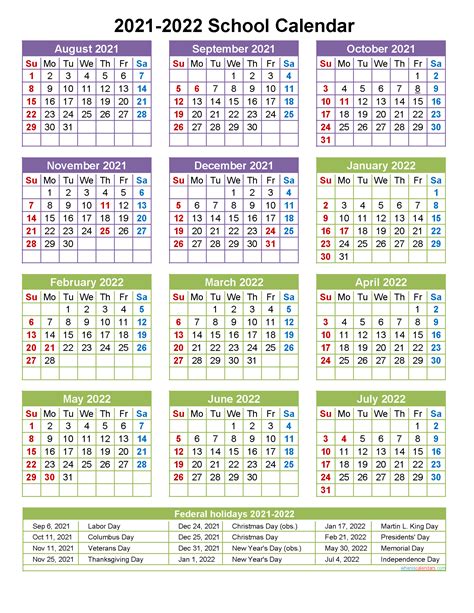 School Calendar 2021 And 2022 Printable Portrait Template No