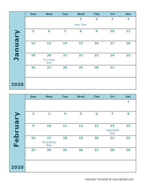 2020 Calendar Template Two Months Per Page Free Printable Templates