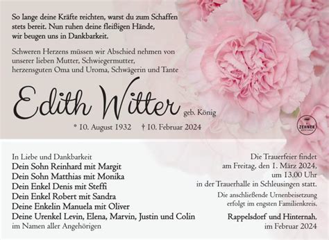 Edith Witter Trauerportal Zehner