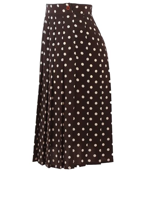 Brown And White Polka Dot Knee Length Pleated Skirt S