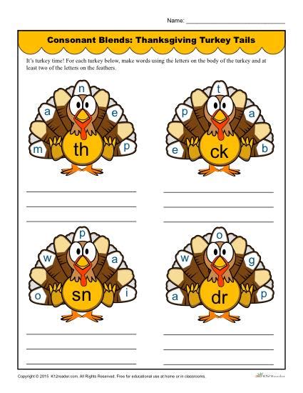 Thanksgiving Turkey Tails Activity Worksheet Consonant Blends