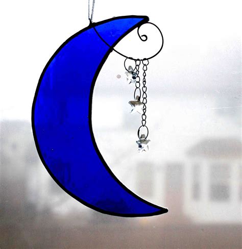 Blue Crescent Moon With Star Crystals Suncatcher Stained Glass