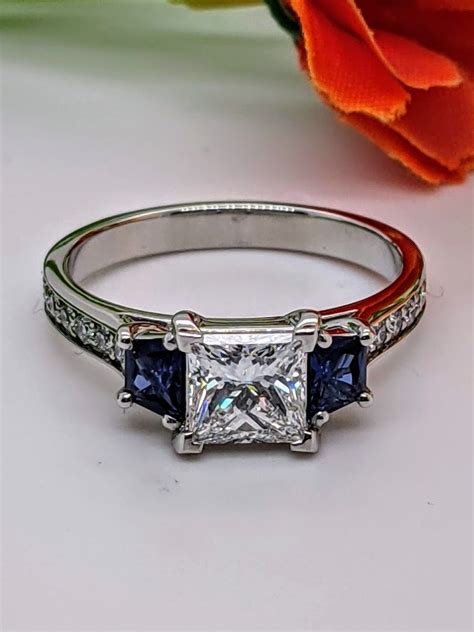 Engagement Ring Princess Diamond Engagement Ring Trapezoids Blue