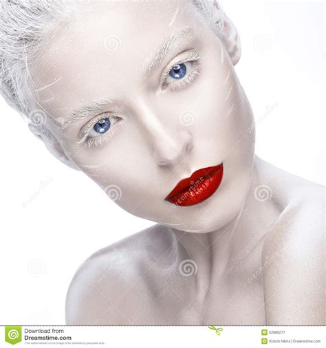 Beautiful Girl In The Image Of Albino With Red Lips And White Eyes Art Beauty Face Stock Image