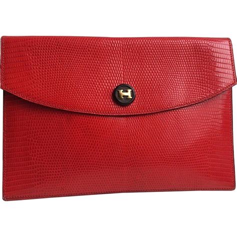 Hermes Red Leather Lizard Exotic Gold Envelope Evening Clutch Bag For