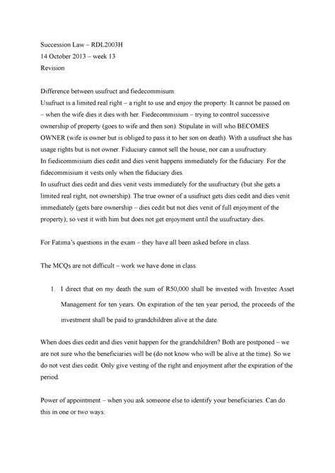 Succession Law - week 13 - Succession Law – RDL2003H 14 October 2013