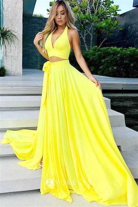 Two Piece Bright Yellow Plunging V Neck Prom Dress Xdressy
